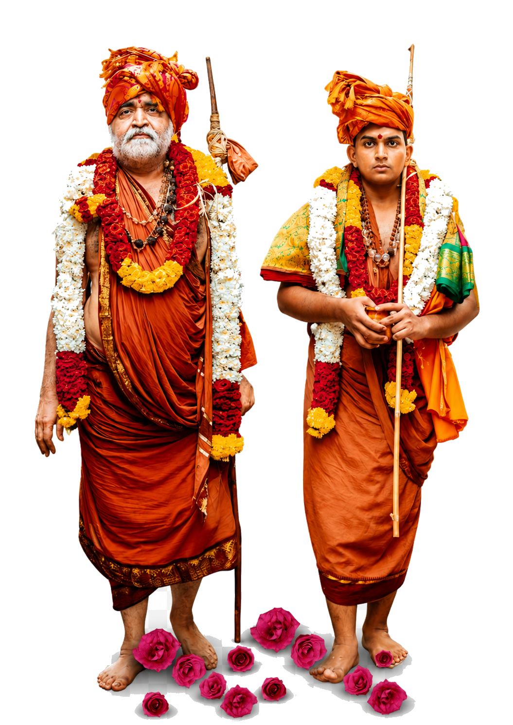 Two revered Swamis standing with flower offerings